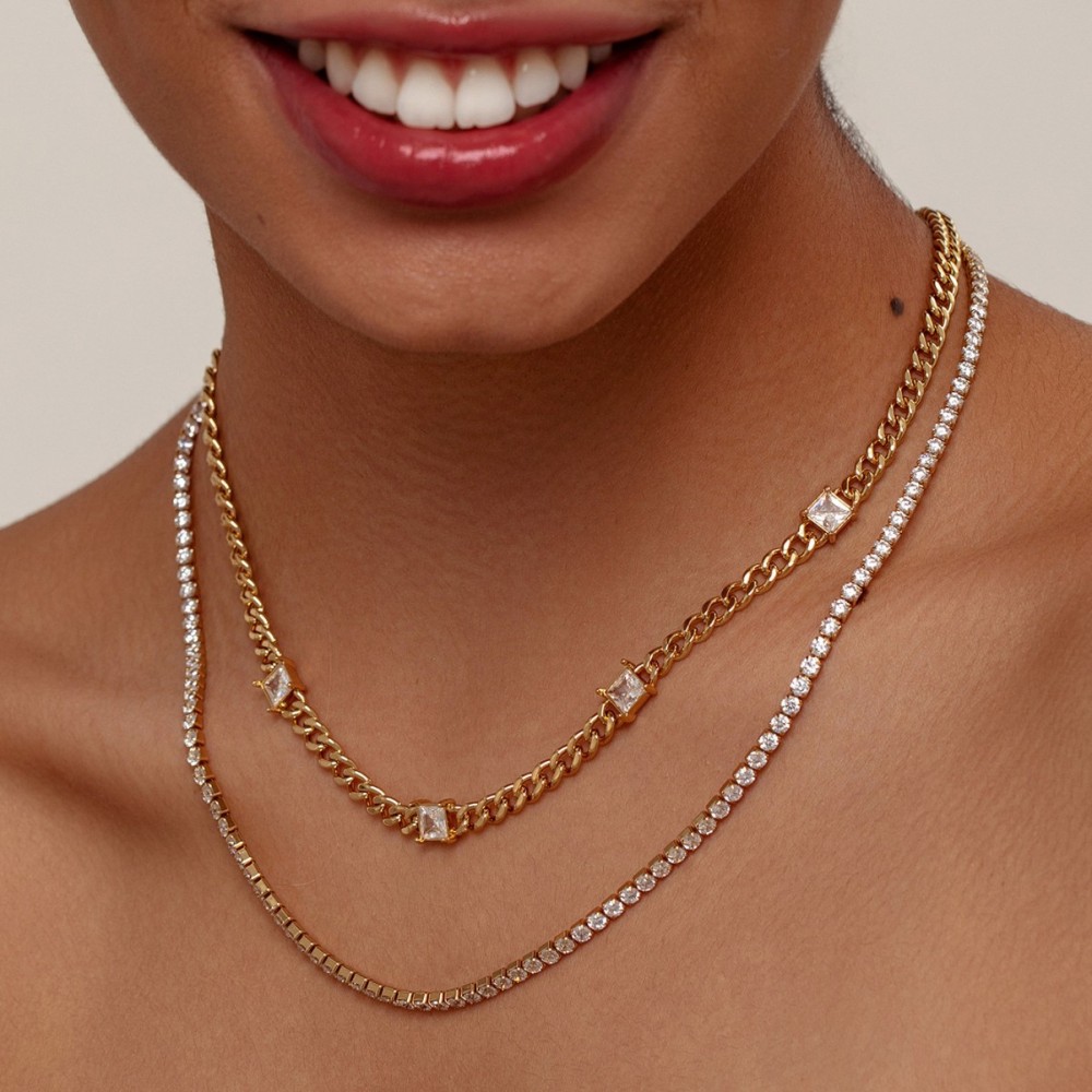 Double Layer Necklace Elegant Cuban Chain Zircon Necklace Versatile Fashionable Women's Party Commuting Accessories