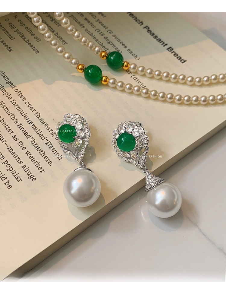 Natural Green Agate Pearl Drop Earrings Women's Luxury Unique Design High-End Sensation Court Style Jewelry Accessories