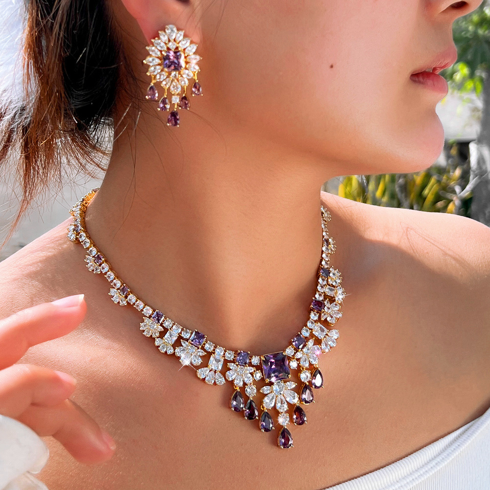 Elegant Copper Wedding Jewelry Set Sparkling Zircon Necklace Earrings Dinner Party Accessories Suitable For Women To Wear On Weddings Or Parties