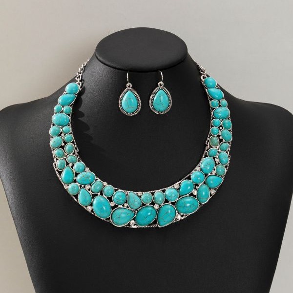 Vintage Western Style Necklace And Earring Set Green Turquoise White Gold Plated Water Drop Choker Bracelet European And American New Fashion Accessories