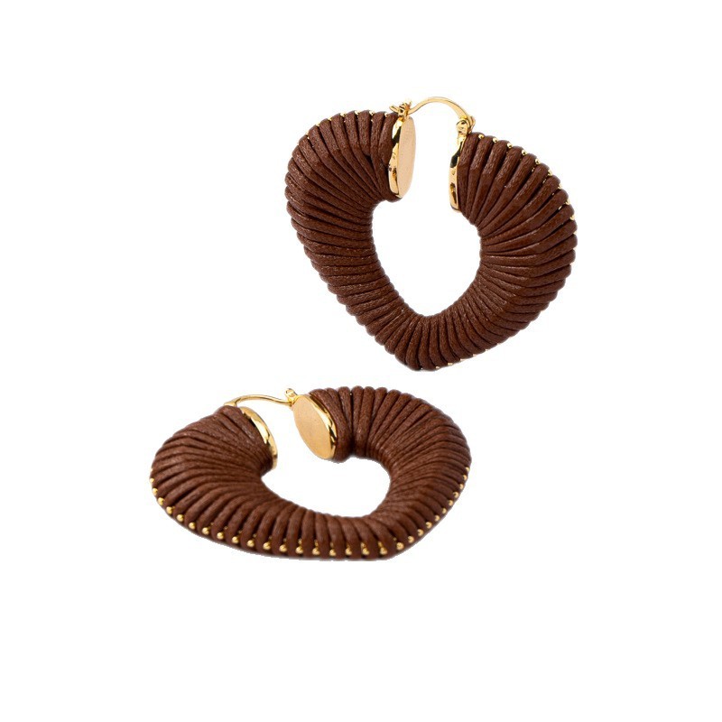Fashionable Multi-Color Heart-Shaped Braided Leather Rope Earrings For Women Elegant Versatile Copper Jewelry Accessories