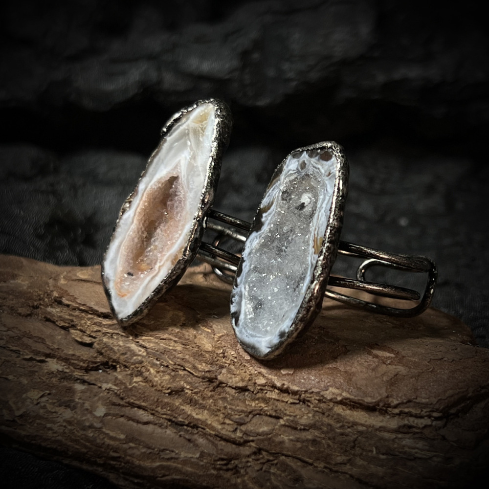 Retro Handmade Adjustable Silver Gold Plated Agate Crystal Ring Open Geometric Unisex Wide Band Jewelry Accessories