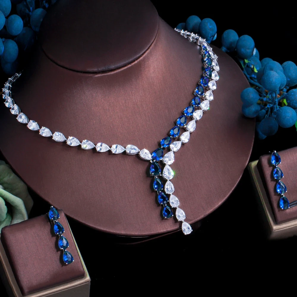 Copper Material Water Plating Simple Two-tone Splicing Water Drop Zircon Women's Necklace Earrings Set Chain Wedding Jewelry Safety Clasp 2-piece Set