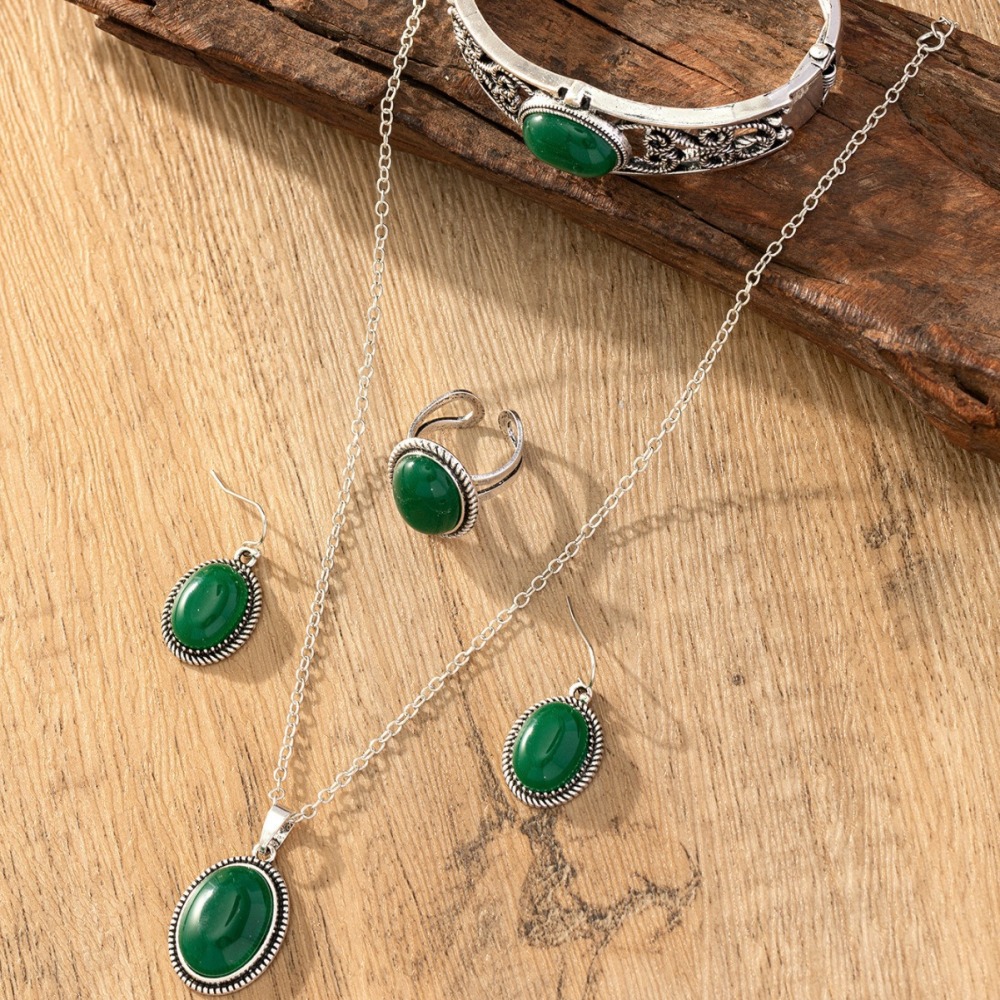 Luxury European And American Natural Gemstone Emerald Jewelry Set Necklace Earrings Ring Bracelet Vintage Alloy Women's Accessories