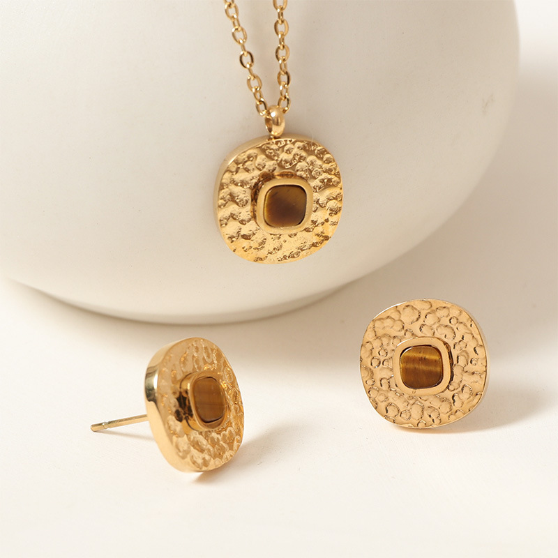 Natural Stone Jewelry Set Hammered Square Earrings For Women Summer High-end Non-fading Accessories Stainless Steel Material