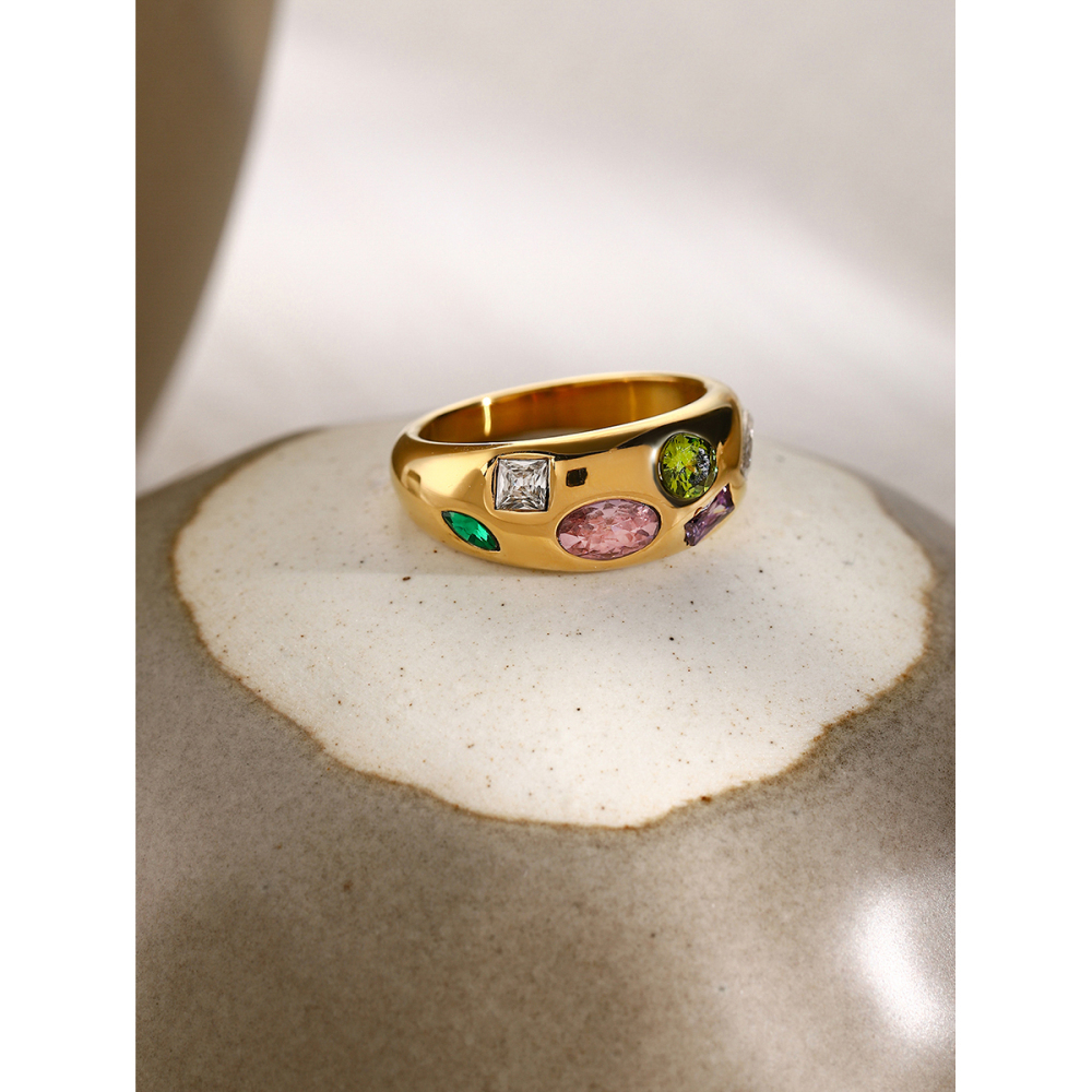 Real Gold Plated 304 Stainless Steel PVD Coated Zircon Color Block Waterproof Non Tarnish Plating Inlay Simple Style Classic Style Rings For Women's