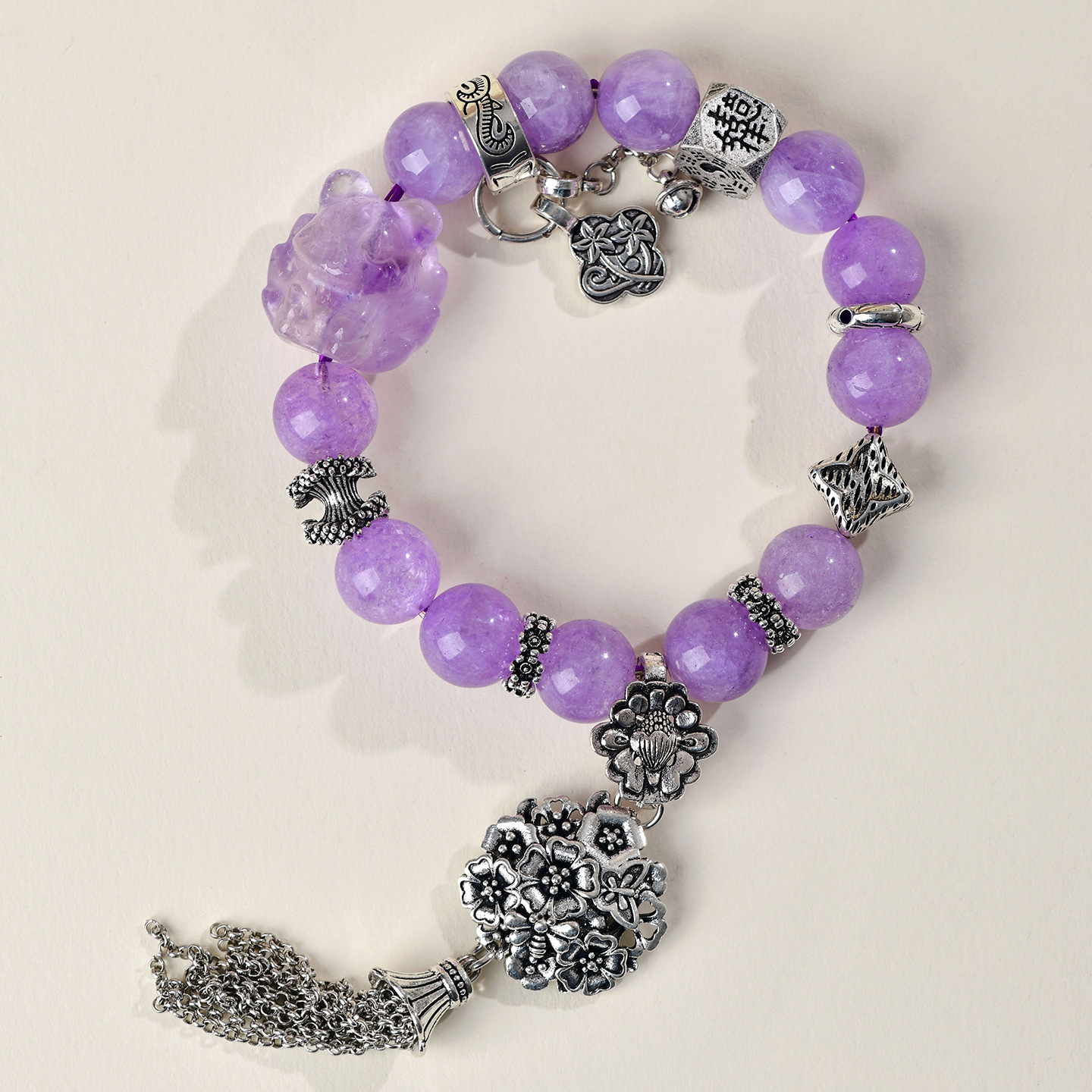 Natural Lavender Quartz Nine-Tailed Fox Bracelet Ladies Style Tassel Artistic Retro Romantic Hand Chain Crystal Fashion