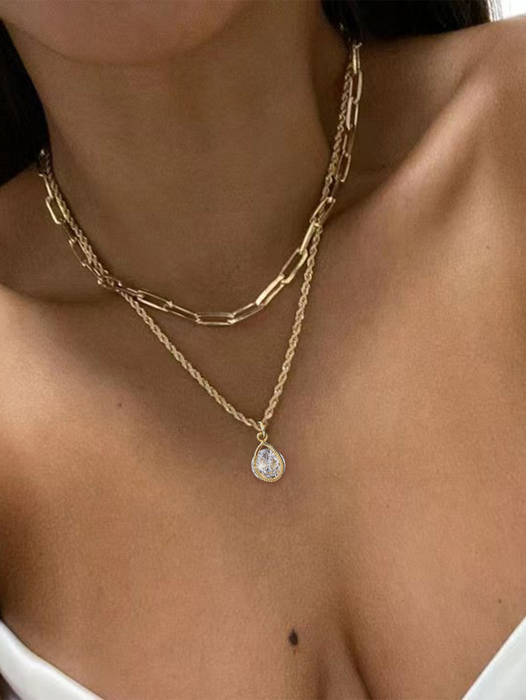 18K Gold Plated Personalized Grid Paperclip Box Multi-layer Necklace With Copper Inlaid Shiny Cubic Zirconia Pendant Set Necklace/Fashion Jewelry Gift Box Accessories/Suitable For Girlfriend Gifts And Daily Wear