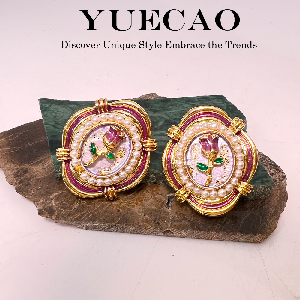 Elegant French Enamel Agate Flower Stud Earrings Premium Design Sensation Women's Fashion Jewelry Accessories