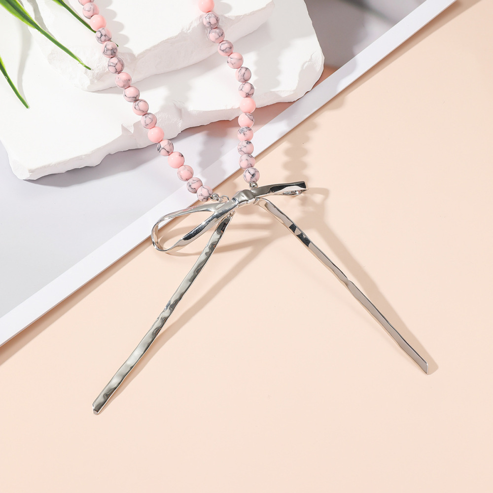 Suitable For Spring And Summer Season Metal Bowknot Collarbone Chain Black Line Turquoise Beaded Necklace Women's Jewelry Accessories