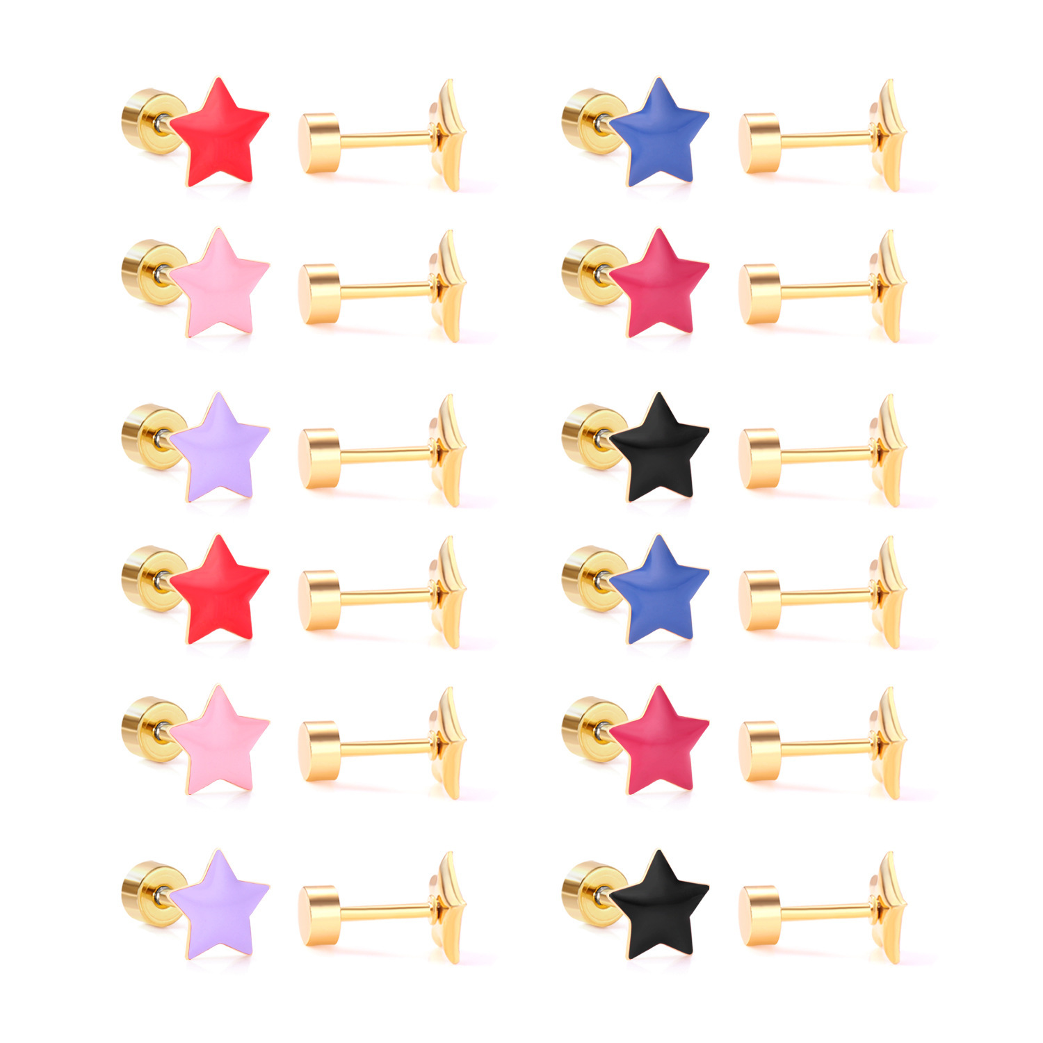 Stainless Steel Screw Back Earrings For Women Sweet Heart-shaped Star Moon Stud Earrings Fashion Bohemian Floral Print Jewelry Accessories