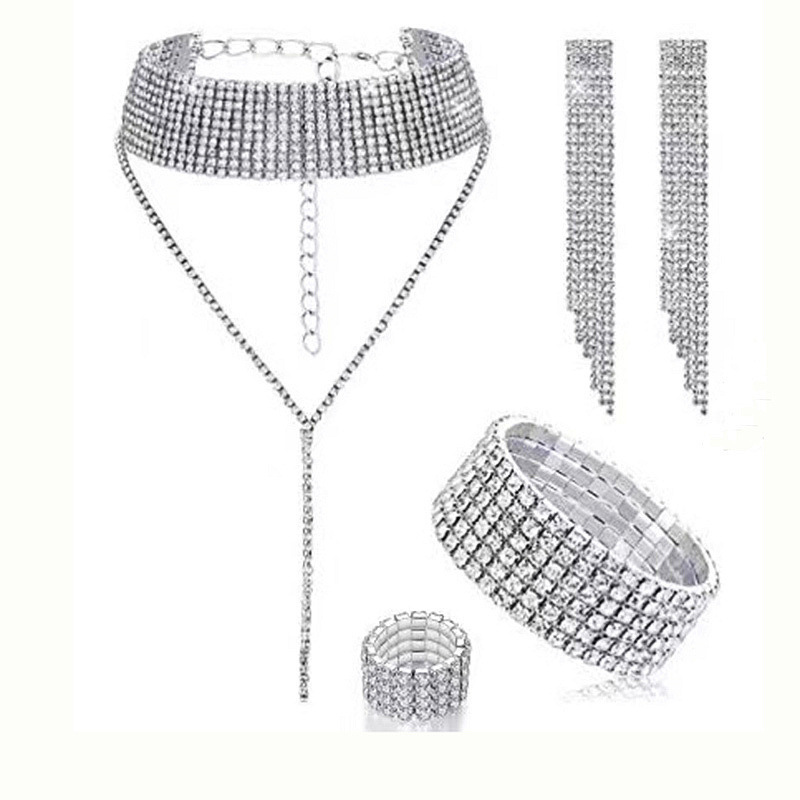 Full Diamond Claw Chain Necklace Bracelet Ring Earrings Four-Piece Set Geometric Women's Jewelry Accessories