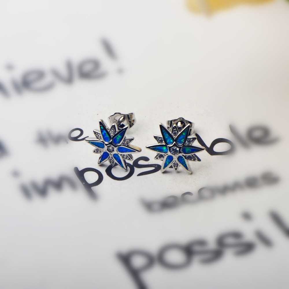 Princess Style Copper Earrings With Opal Snowflake Design For Women Star Pattern Gemstone Embedded Jewelry Accessories