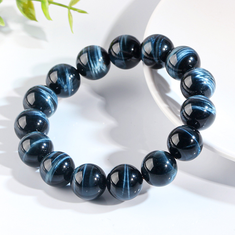 Natural Blue Tiger Eye Stone Bracelet High Quality Wood Chalcedony Lightning Pattern Simple Versatile Bracelet Donghai Gemstone