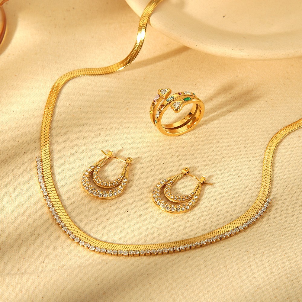 Multi-Layer Stainless Steel Zirconia Ring And Earring Set With 18K Gold Plating And Tassel Design Luxury Jewelry Accessories For Women