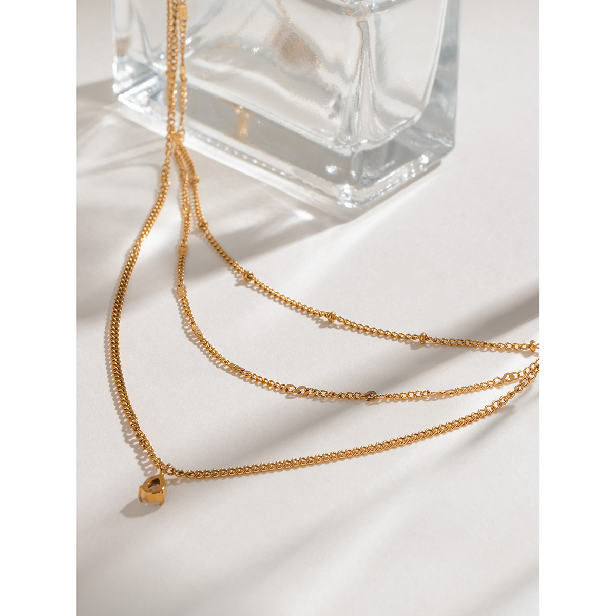 304 Stainless Steel Geometric PVD Coated 18K Real Gold Plated Simple Style Classic Style Cable Chain Three Layer Necklace