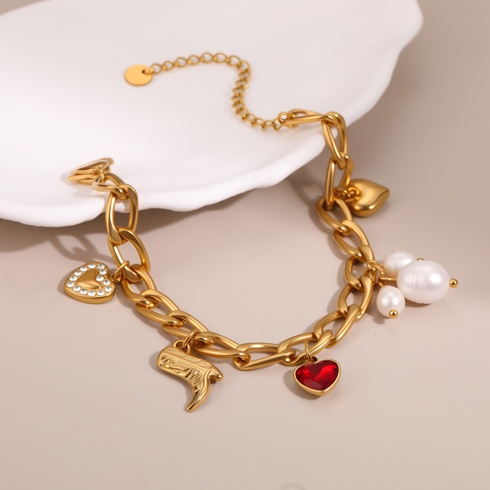 18K Gold-Plated Jewelry Simple Pearl Red Zircon Boot Pendant Style Bracelet Hand Accessories