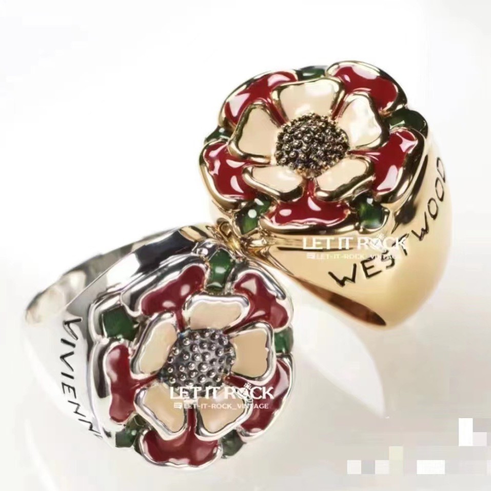 Tudor Enamel Rose Pattern Ring Copper Plated Gold Middle-Aged Revival Style Floral Design Women's Jewelry Accessories