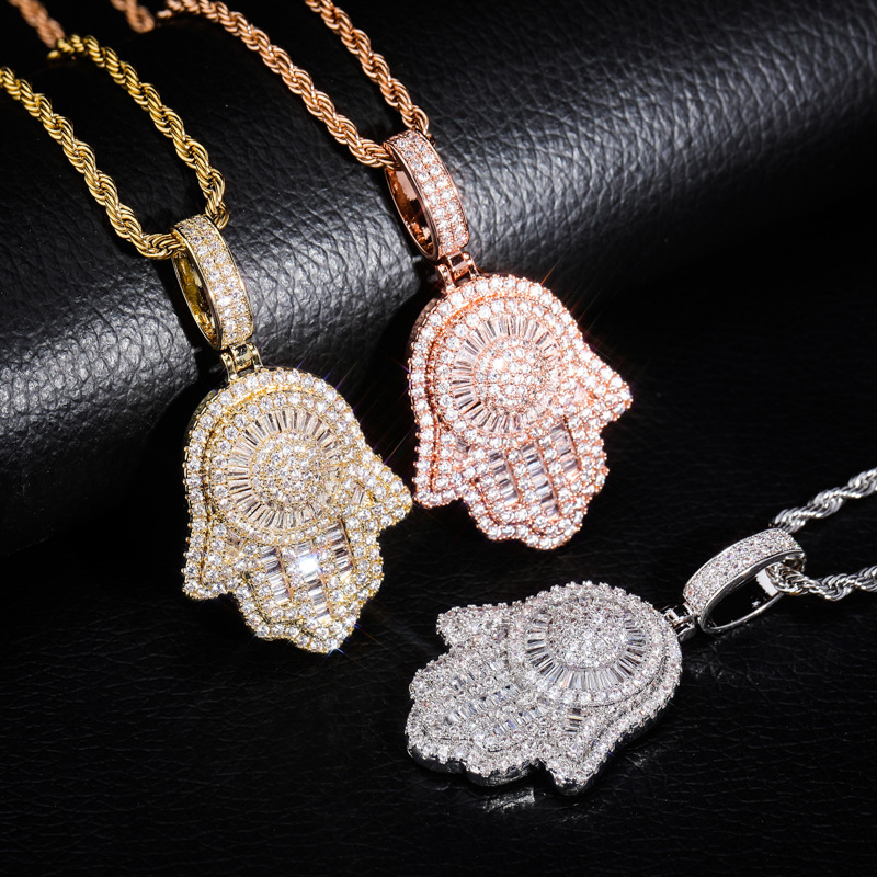 Vintage Fatima Hand Pendant Necklace For Men Black Zircon Copper Material Jewelry Accessories