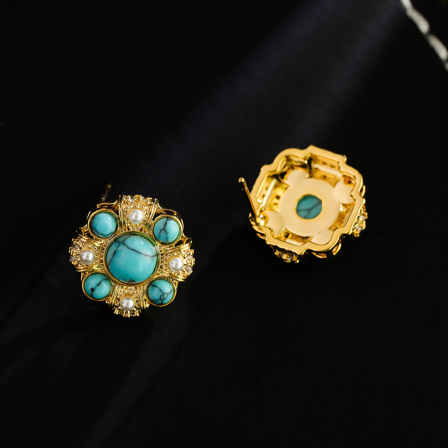 Elegant Vintage Style Pearl Fake Turquoise Stud Earrings Fashionable Geometric Pattern Copper Material 925 Silver Post For Women