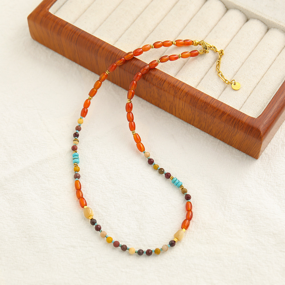 Natural Stone Agate Necklace Women's Hanfu Accessories New Chinese Style Sweater Chain Geometric Pattern Oval Shape Beads Design