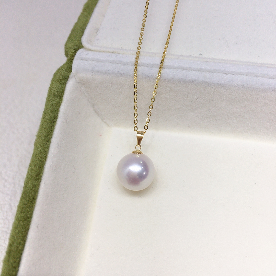 Natural Freshwater Pearl Necklace Single Bead Perfect Round Aurora Pearl Pendant S925 Sterling Silver Clavicle Chain Women's Style White