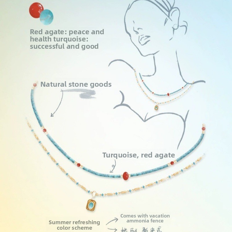 Three-layer Turquoise Bohemian Style Titanium Steel Collarbone Chain Necklace Women's Jewelry Accessories Heart Shape Geometric Pattern Design