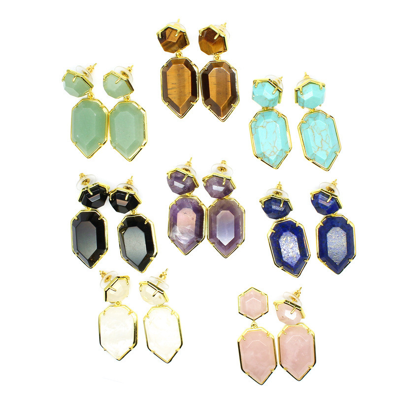 Luxurious Natural Stone Crystal Earrings Plated 24K Gold Women's Small Accessories Geometric Pattern Exaggerated Style
