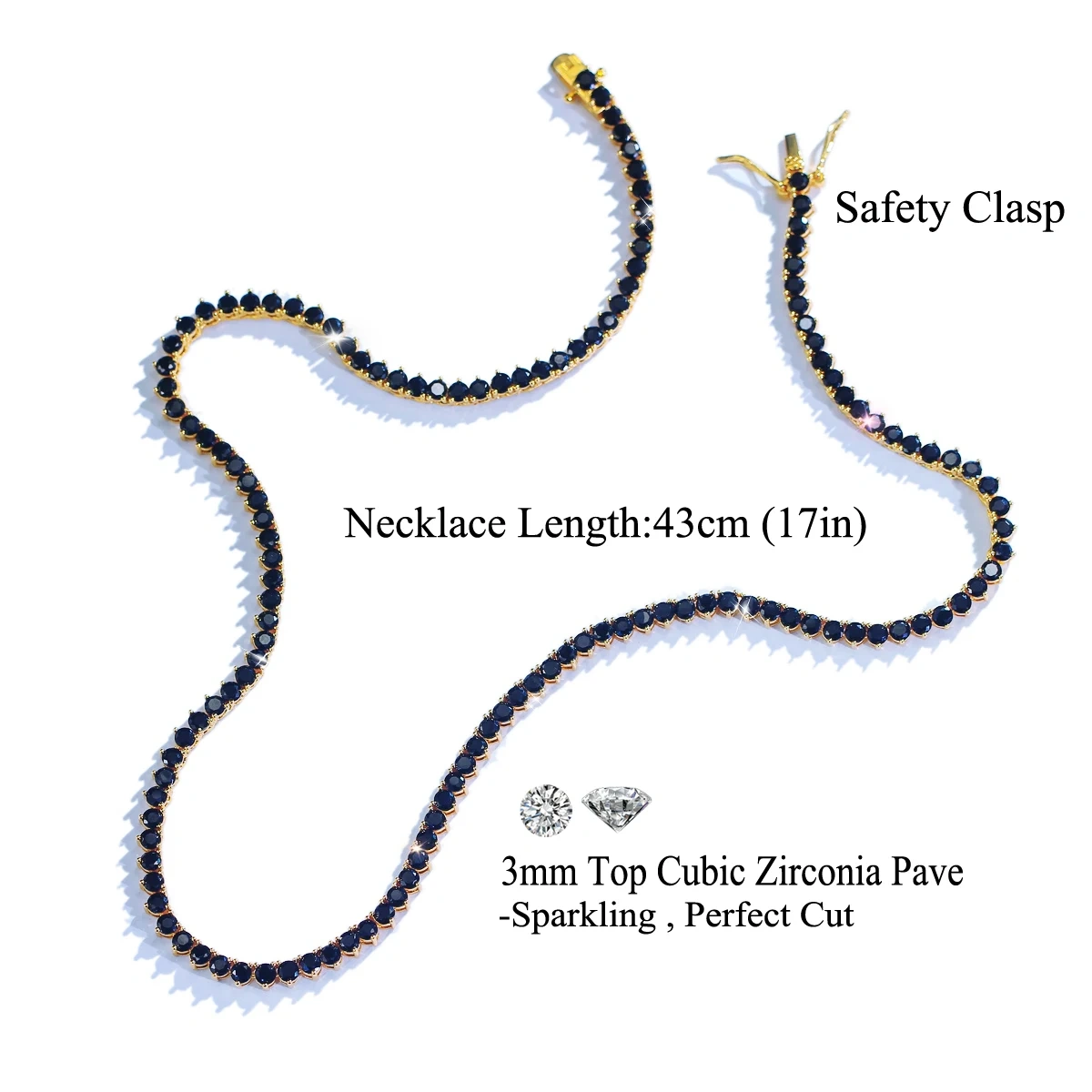 Rhodium Plated Copper Water Plated Zircon Geometric Pattern (Jewelry) Waterproof Non-Fading Tennis Chain (Full Diamond Chain) Necklace For Women With Butterfly Clasp