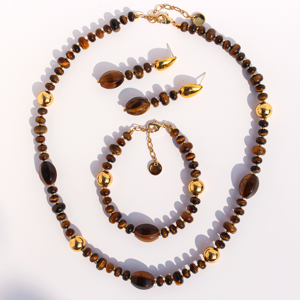 Original Design High-End Natural Tiger Eye Stone Gold Round Bead Necklace Bracelet Waterdrop Earring Set For Ladies Fashion Jewelry Accessories