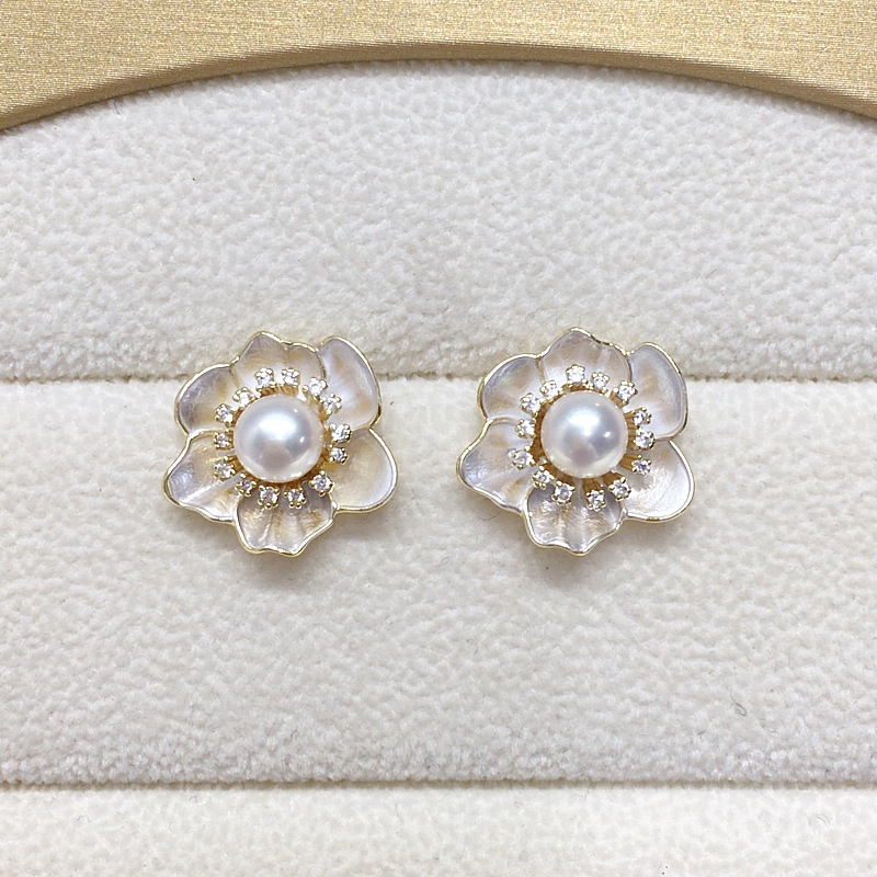 Natural Freshwater Pearl Earrings Women High-End Classic Baked Paint Camellia Pearl Studs Internet Famous Jewelry Accessories