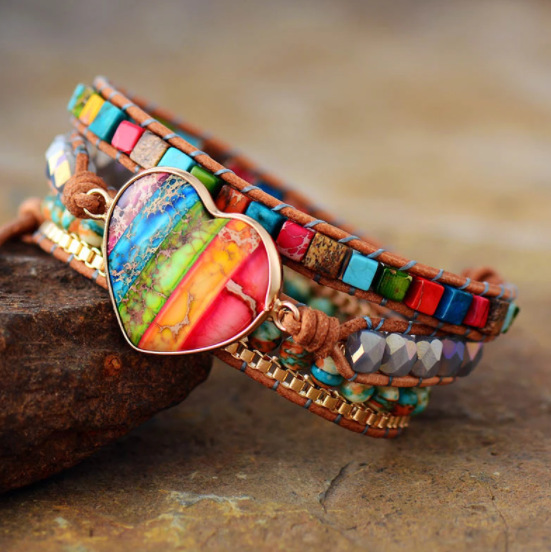 Romantic 7-Color Emperor Stone Leather Wrapped Bracelet Mixed Stones Heart Shape 3-Way Wound Classic Bohemian Style Jewelry