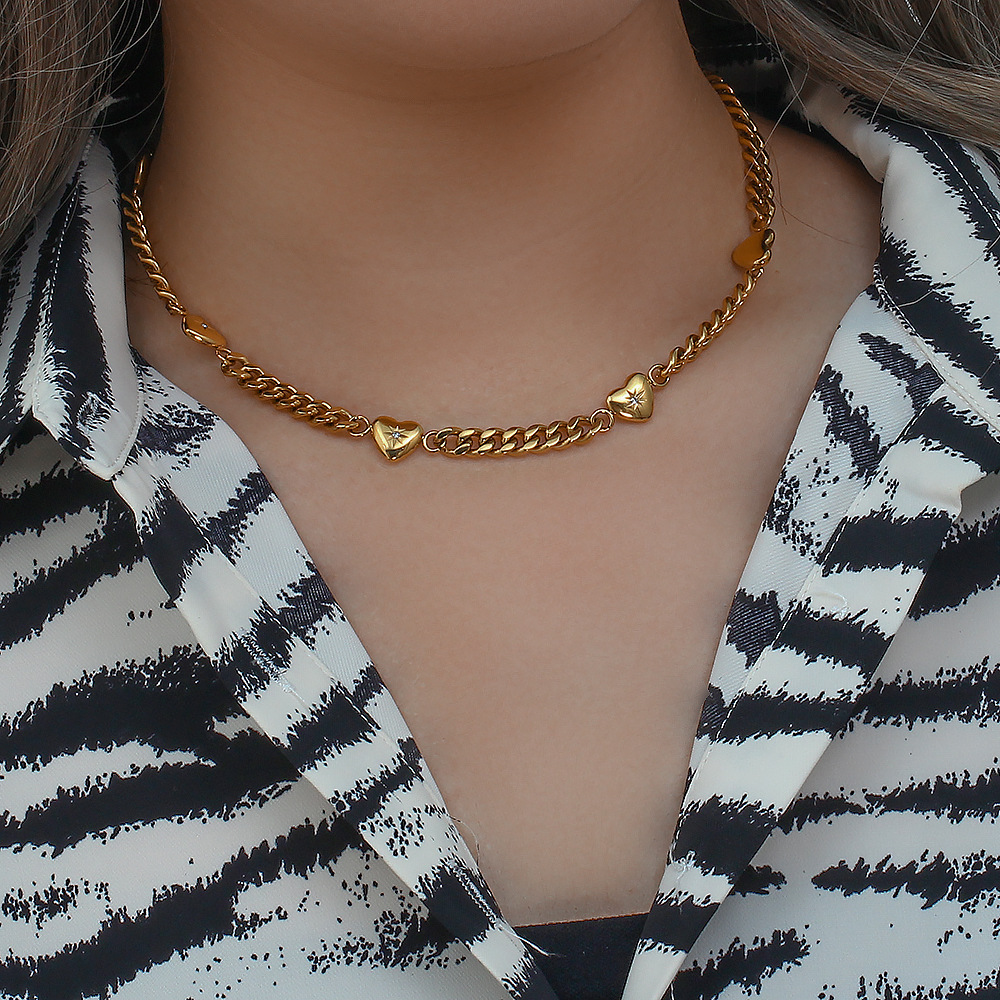 Wholesale Jewelry Fashion Heart Shape 304 Stainless Steel Zircon 18K Gold Plated PVD Coated Plating Necklace