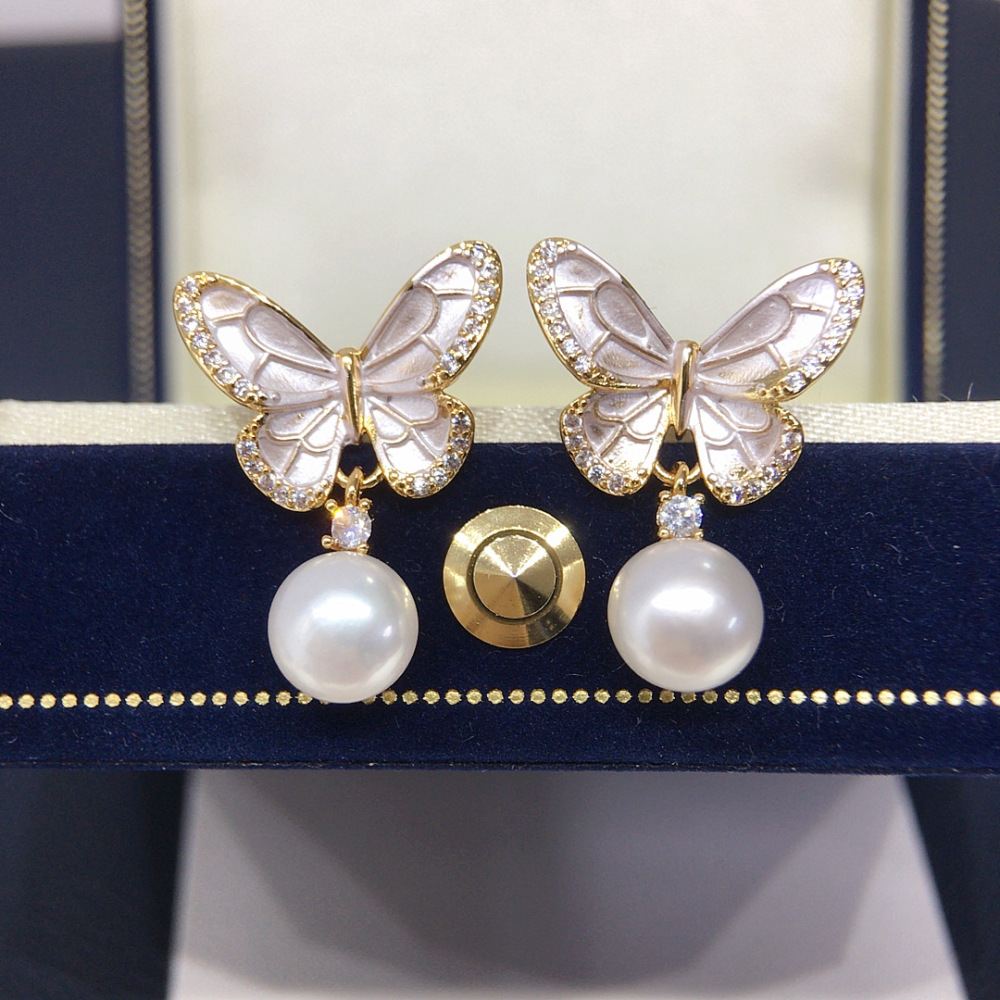 High Quality Natural Freshwater Pearl Earrings Women's Baked Paint Engraved Zircon Butterfly Elegant Jewelry Accessories