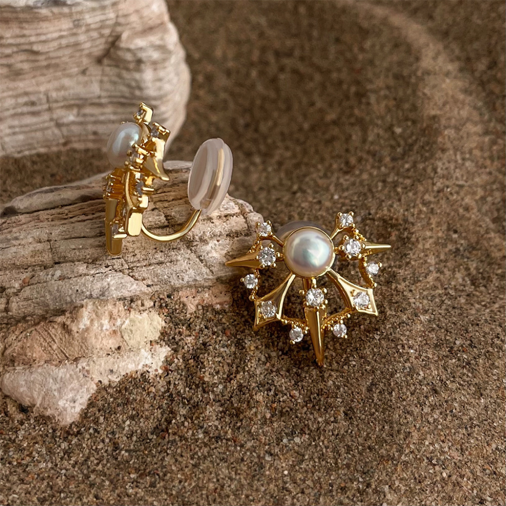 Designer Pearl Earrings Thick Plated 18K Gold Vintage Artistic Starburst Sensation Quality Female Sweet Style Jewelry Accessories