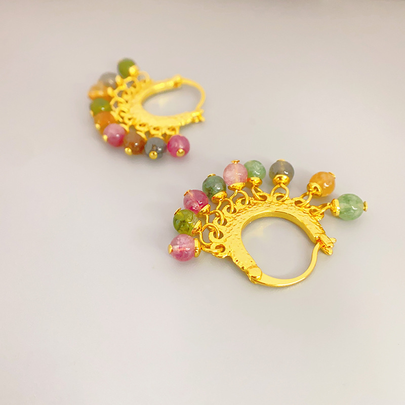Elegant Chinese Court Style Tassel Topaz Stone Unique Women's Fashionable Versatile Trendy Earrings Geometric Pattern Retro Design