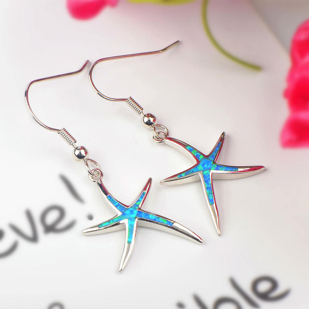 Blue Starfish Opal Hoops Women's Earrings Summer Vacation Style Geometric Pattern Copper Jewelry Accessories
