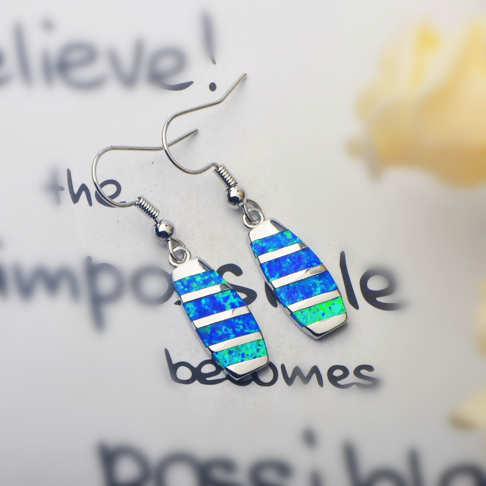 Colorful Women's Opal Long Rectangle Simple Style Jewelry Earrings Fashionable TikTok Ins European Style Jewelry Accessories