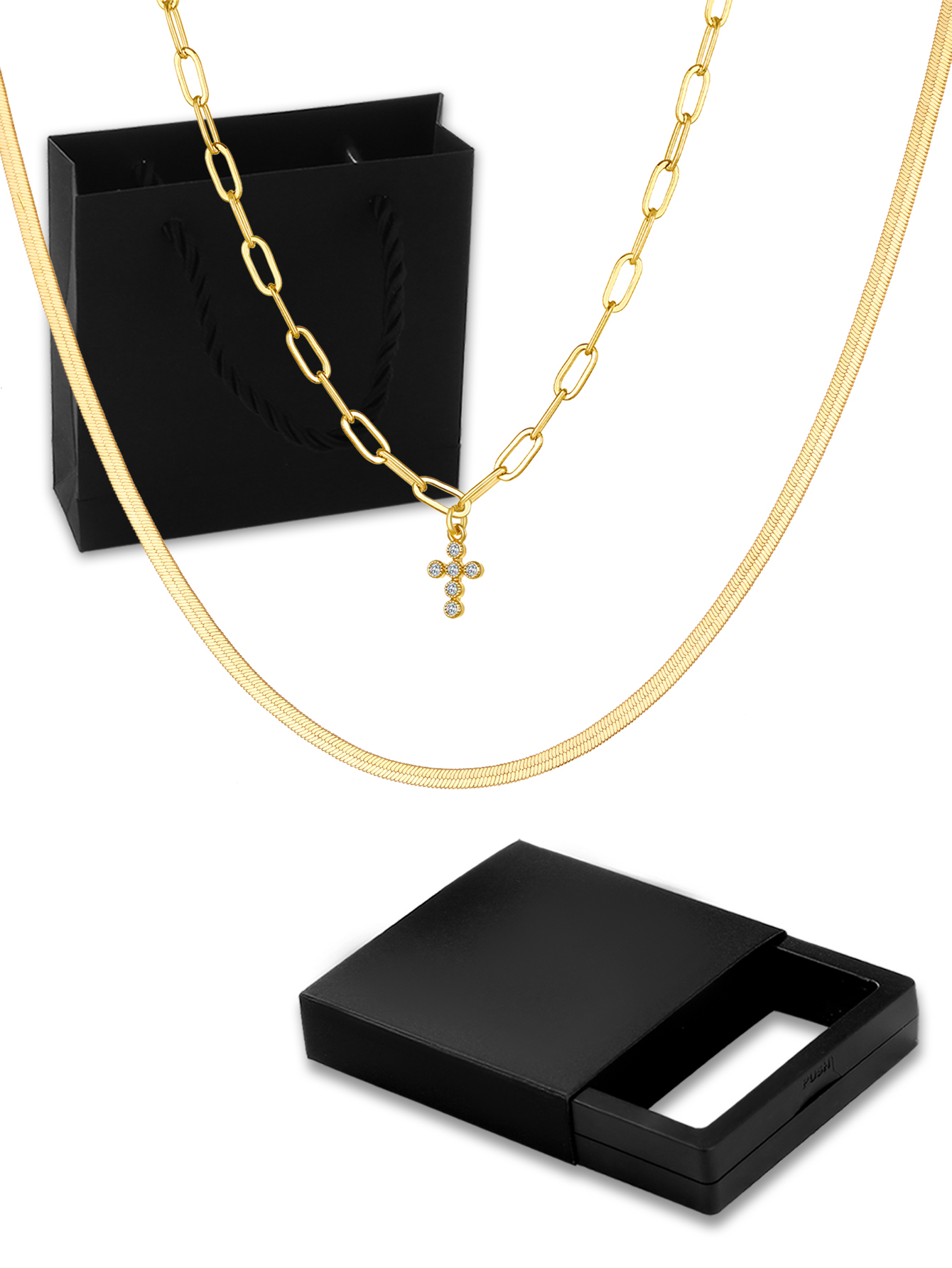 Fashion Layered Accessories: 18K Gold Plated Copper Heart-Shaped Hollow Pendant Necklace And Checkered Paperclip Set, Shiny Cubic Zirconia, Essential For Women
