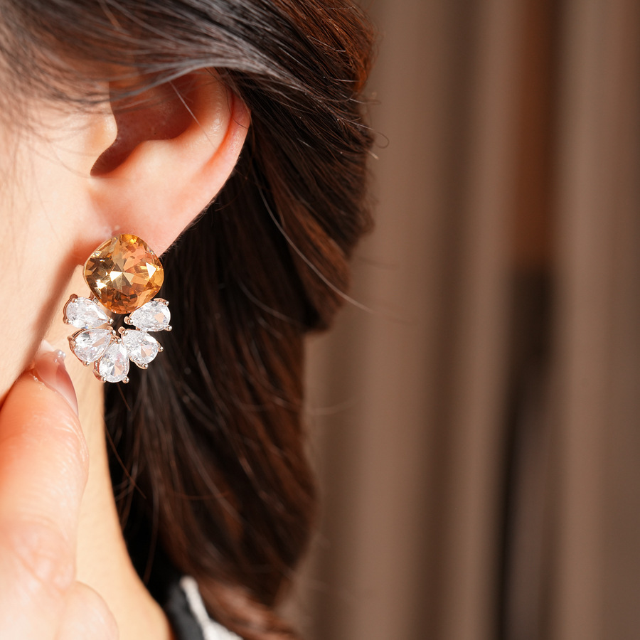 Silver Zircon Flower Water Drop Earrings Simple Iron Post Women's Jewelry Accessories