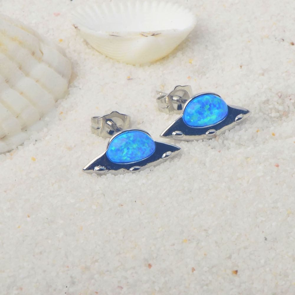 Adorable Girl's Earring Tiktok Hot Sale Flying Saucer Blue Opal Ear Studs Simple Geometric Pattern Copper Jewelry Accessories