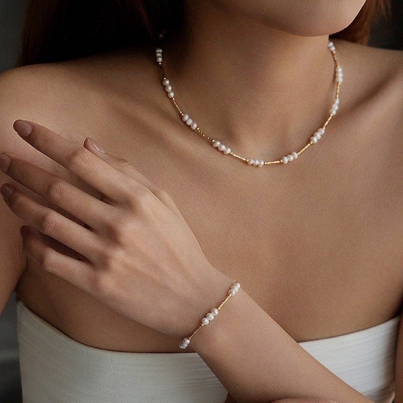 Natural Freshwater Pearl Set Necklace Vintage Style Classic Bracelet Real Gold Plated Brass