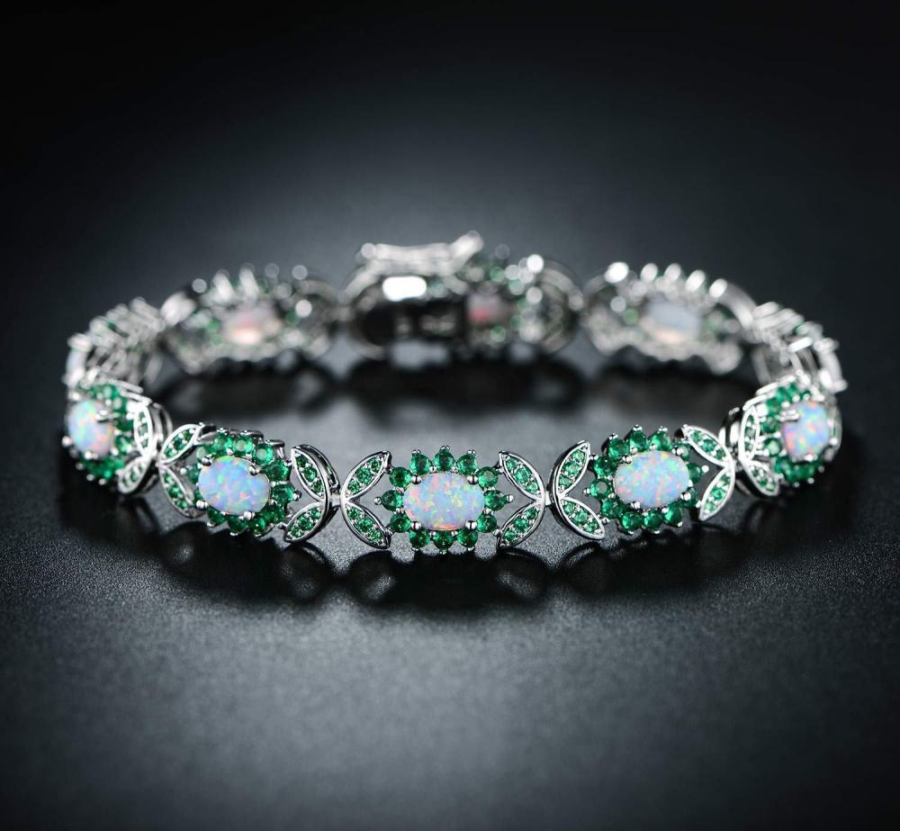 Fashionable Oval Shaped Opal Bracelet Elegant Geometric Pattern Copper Jewelry Colorful Gemstone Accessories For Women