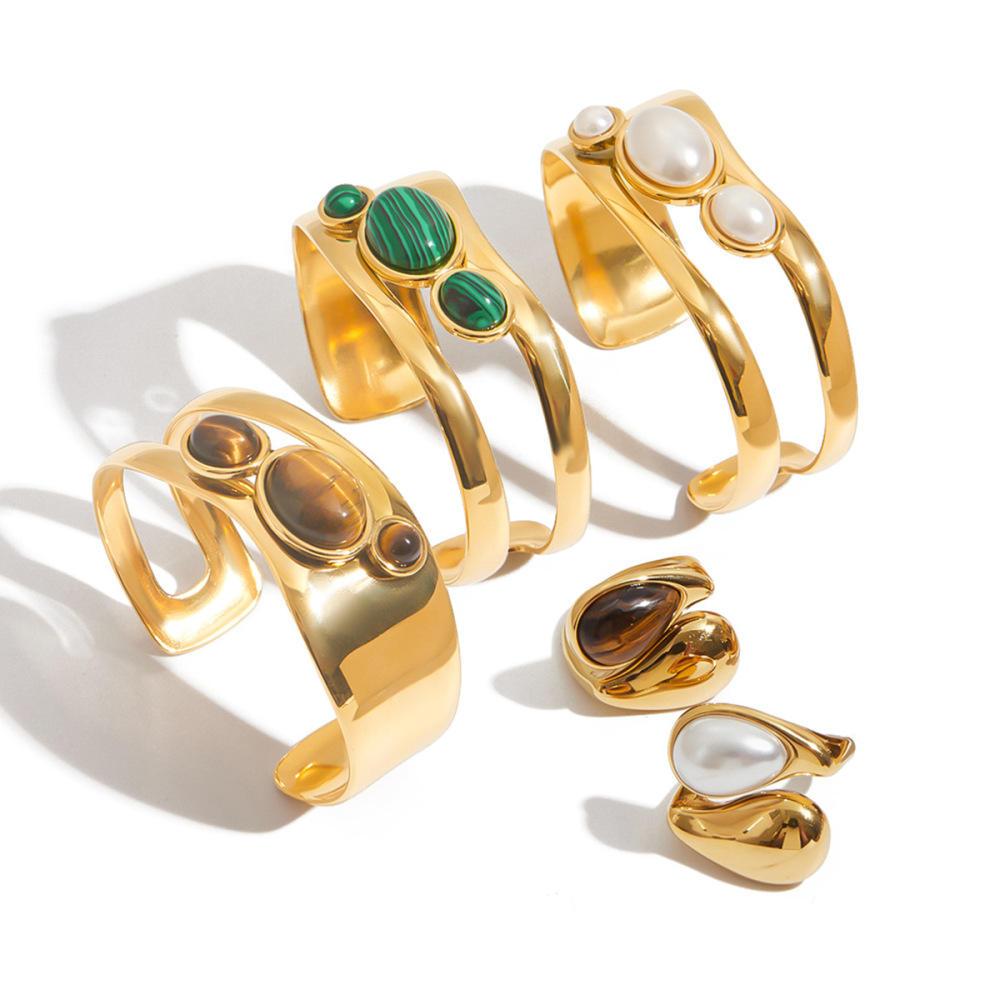 Natural Stone Hollow Titanium Steel Open Bracelet Women Non-Fading Jewelry Stainless Steel Ring Best-selling Accessories