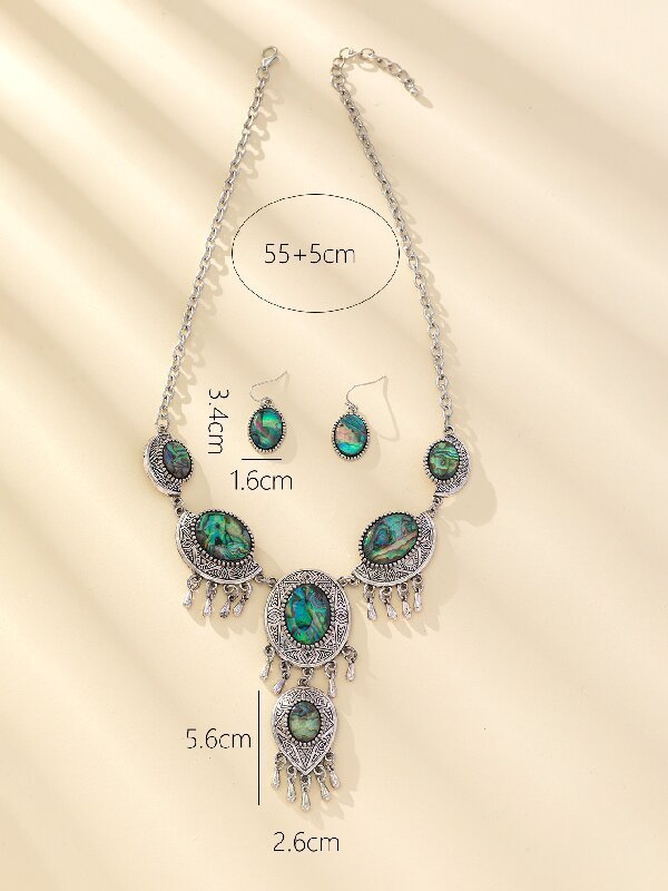 New Retro  Fashion Oval Flower Shape Abalone Shell Earrings Necklace Set Personalized Jewelry Accessories