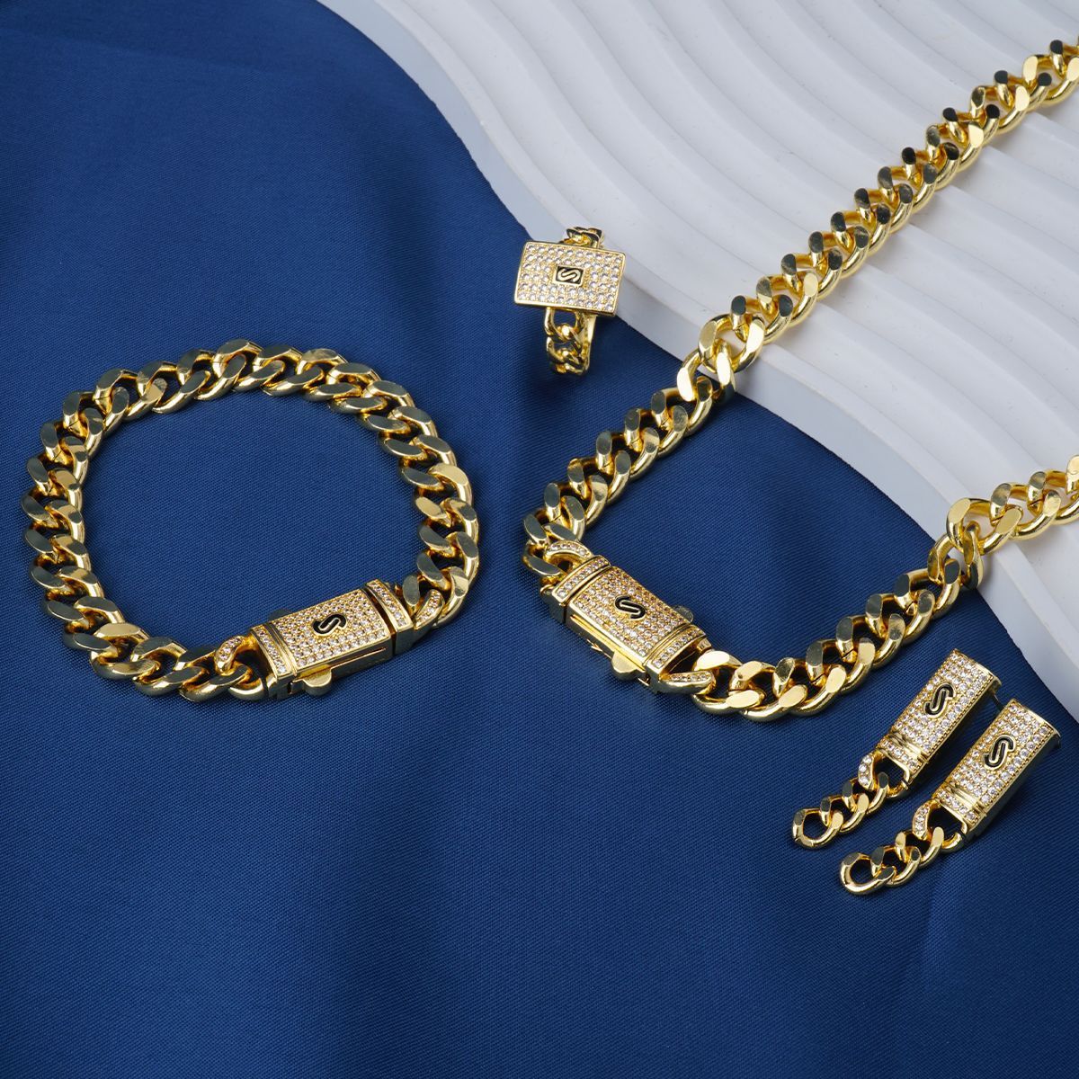 24K Gold Plated Cuban Link Necklace Earrings Bracelet Ring Set Hip Hop Jewelry Zirconia  Personalized Accessories