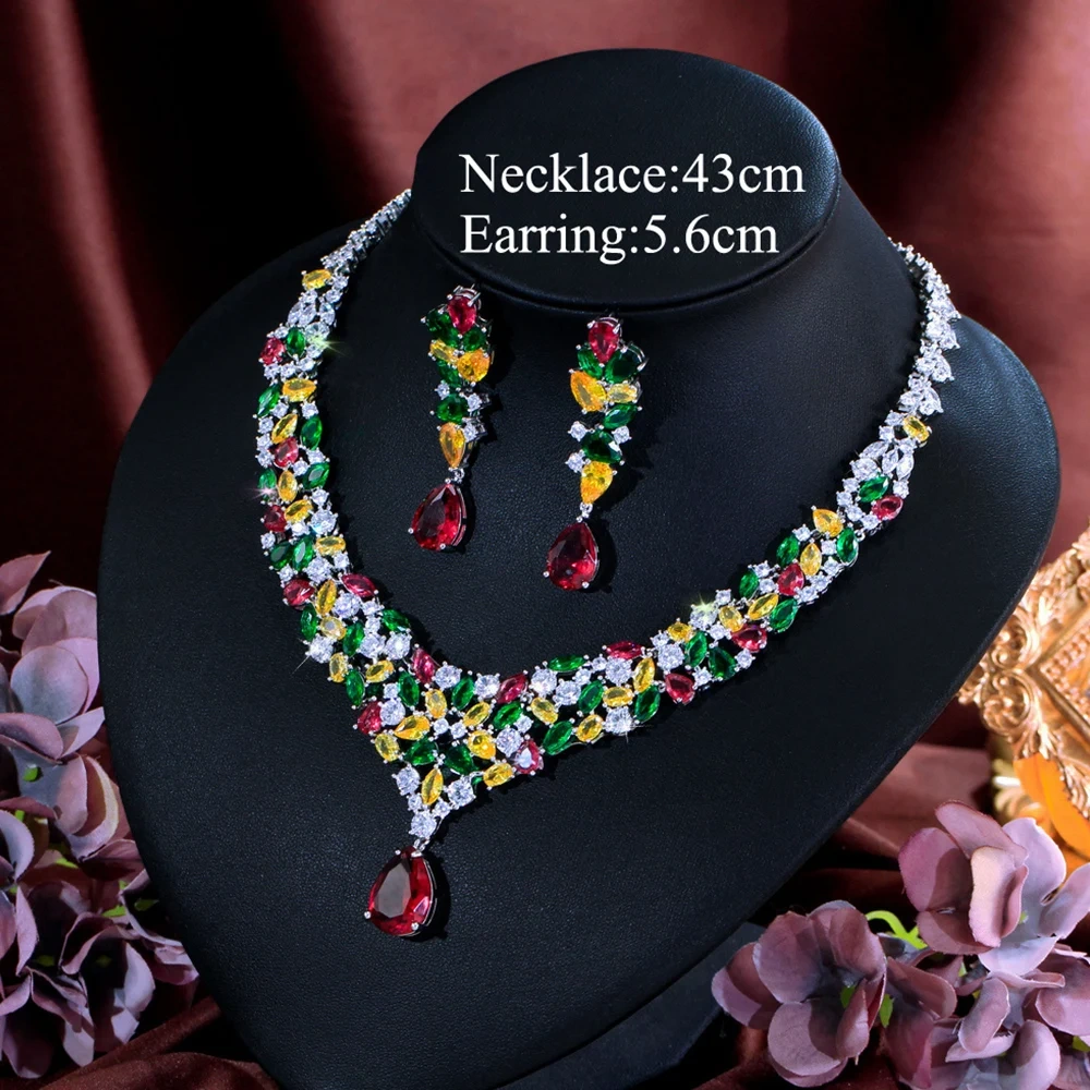 Copper Colorful Cubic Zirconia Necklace And Earrings Two-Piece Set Luxurious Water Drop Shaped Jewelry Set Suitable For Women Bridal Party Banquet Wedding Wear