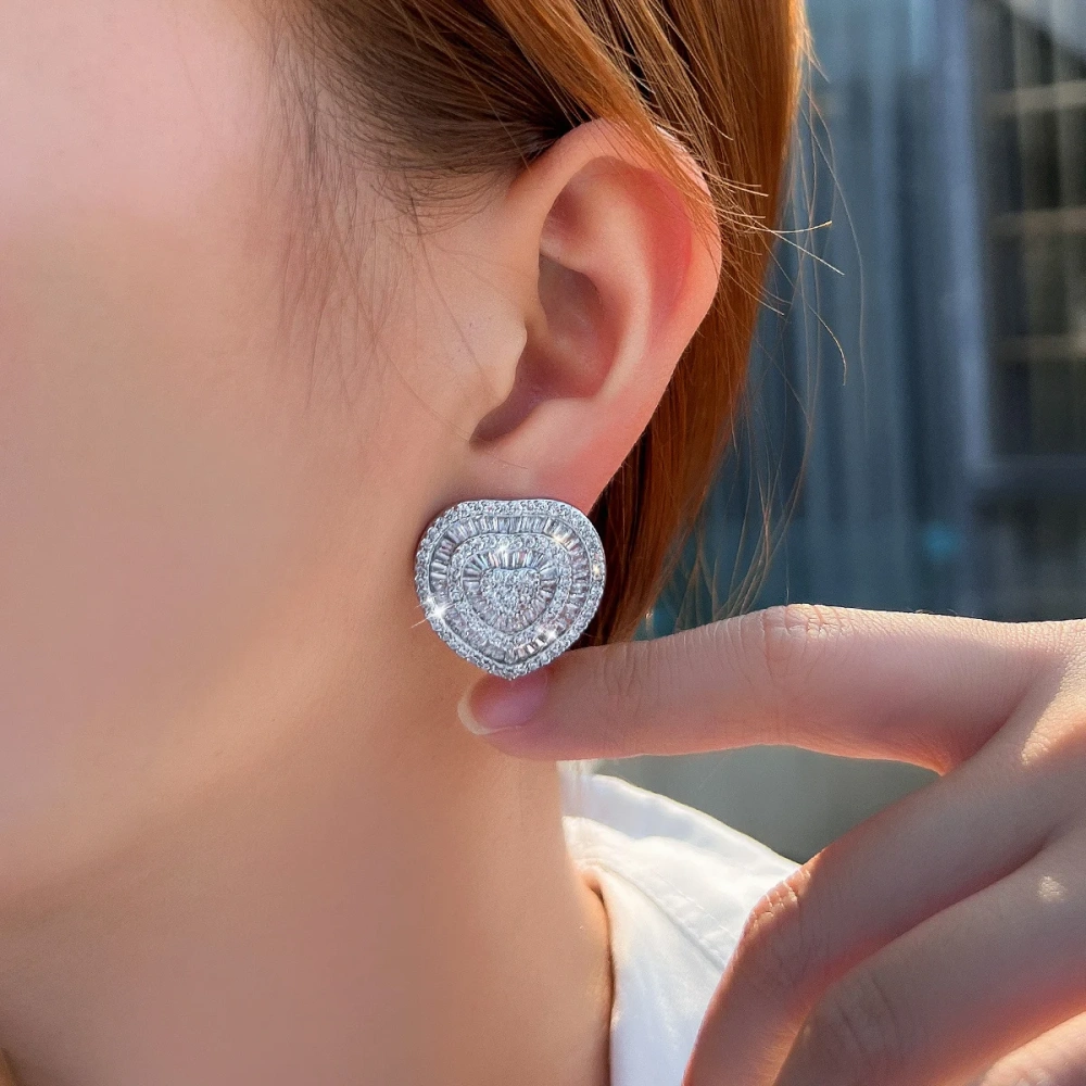 Copper Style Earrings Elegant Shiny Cubic Zirconia Silver Large Heart-Shaped Earrings Women's Party Wedding Jewelry Accessories