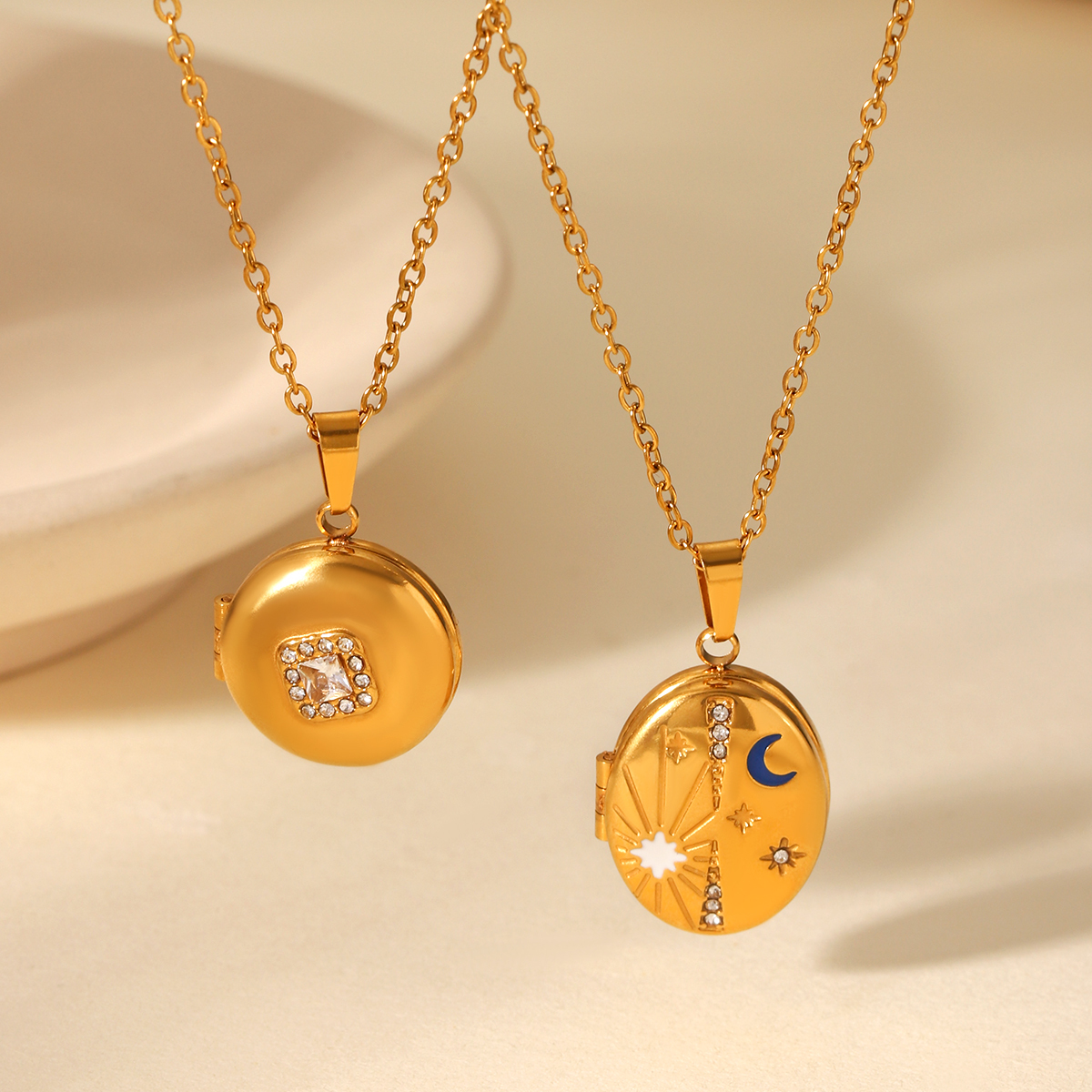 304 Stainless Steel Round PVD Coated Zircon 18K Real Gold Plated Modern Style Artistic Waterproof Non Tarnish Inlay Cable Chain Lobster Trigger Clasp Closure Gold Pendant Necklace