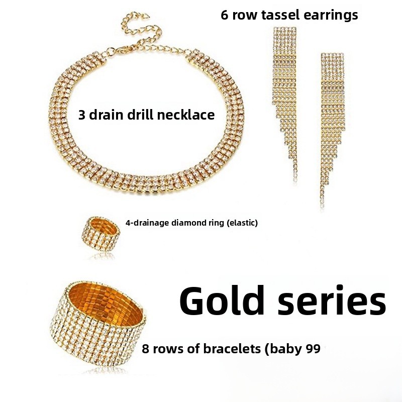 Full Diamond Claw Chain Necklace Bracelet Ring Earrings Four-Piece Set Geometric Women's Jewelry Accessories